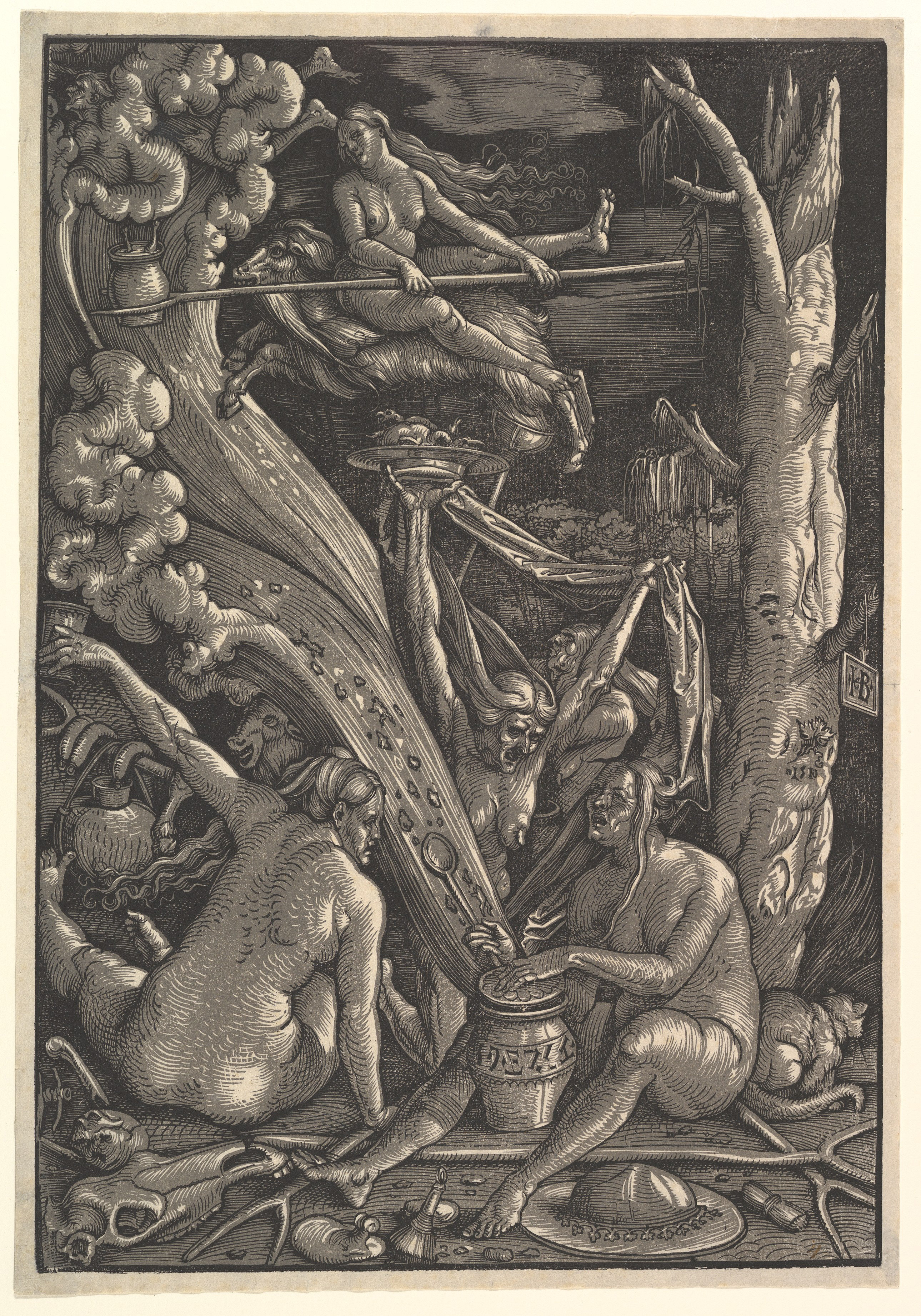 ハンス・バルドゥング《魔女たち》（1510年）の木版画。複数の女性と魔術的な場面が描かれている。
