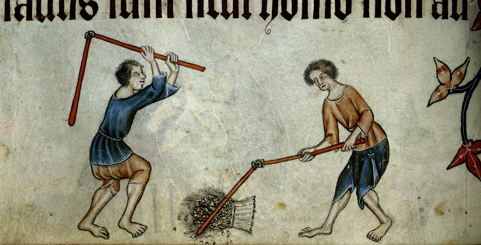 Two men threshing sheaf [Lower margin] Marginal drawing of two men threshing a bound sheaf with flails